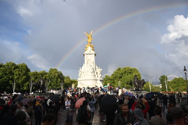 A rainbow that appeared outside of Buckingham Palace on Sept. 8, 2022. (Photo: Leon Neal via Getty Images)