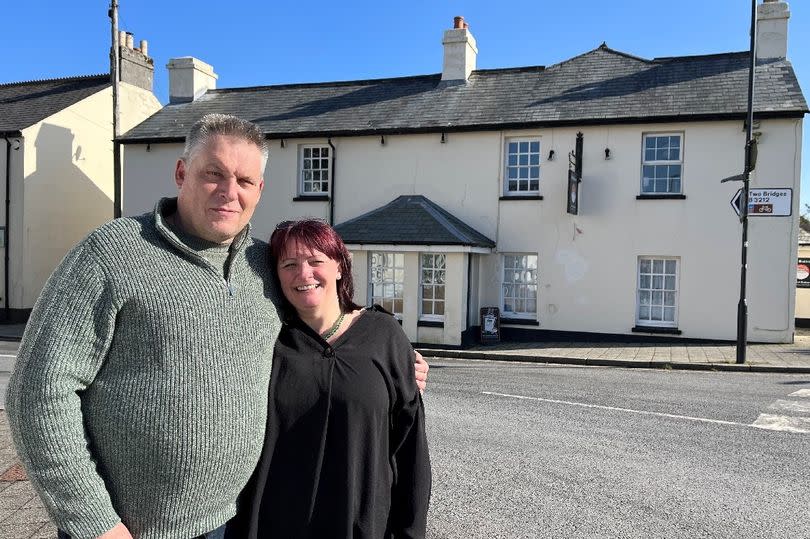 Terry and Nikki Hirst outside the Ramblers' Rest in Princetown, Dartmoor