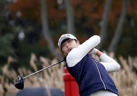 FILE PHOTO: Park Sung-hyun of South Korea tees off on the ninth hole during fourth round of LPGA KEB Hana Bank Championship in Incheon, South Korea, in this file photo taken on September 16, 2016. REUTERS/Kim Hong-Ji/File Photo