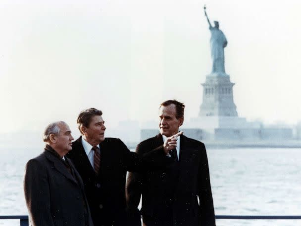 Russian leader Mikhail Gorbachev with President Ronald Reagan and Vice-President George Bush on Governor's Island in New York City, December 7 1988.  (Universal History Archive via Getty)