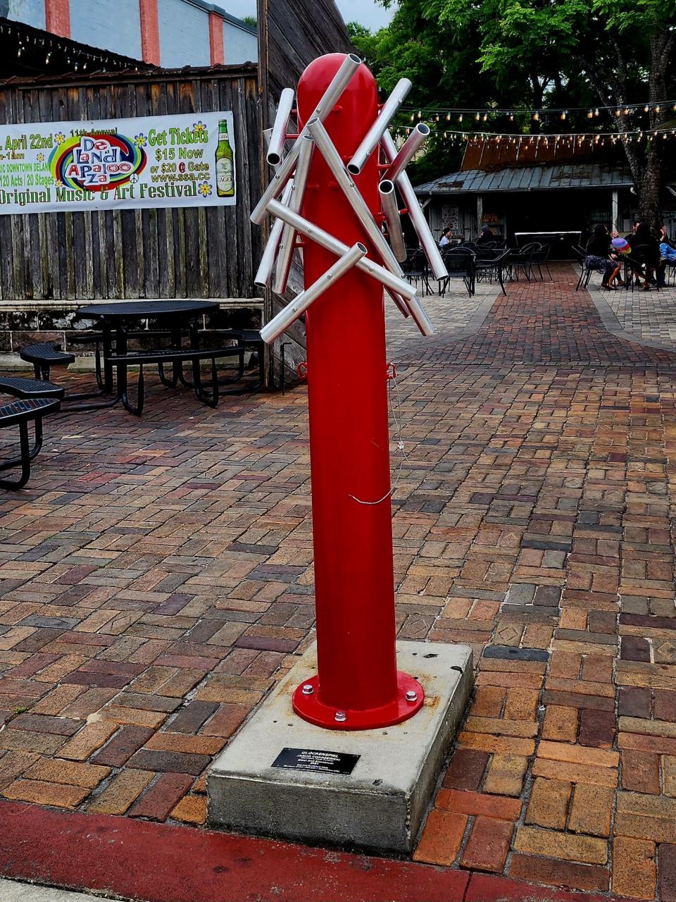 "Glockenspiel," a steel and aluminum piece by Jarod Charzewski, of Charleston, South Carolina, is pictured here off West Georgia Avenue in front of Cafe DaVinci.