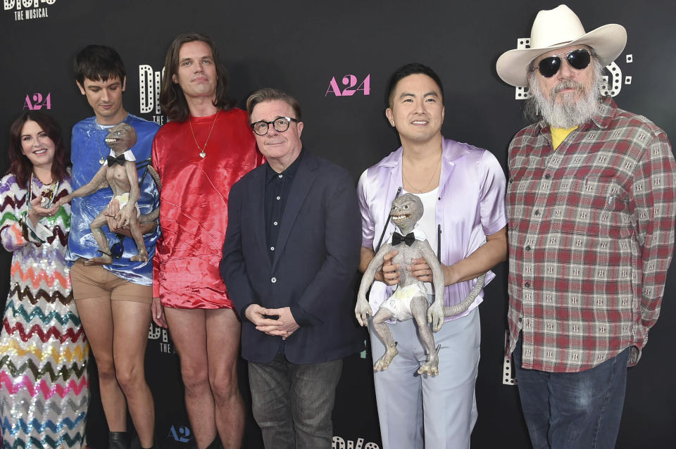 Megan Mullally, from left, Josh Sharp, Aaron Jackson, Nathan Lane, Bowen Yang and Larry Charles arrive at the premiere of "Dicks: The Musical" on Monday, Sept. 18, 2023, at the Fine Arts Theater in Beverly Hills, Calif. (Photo by Richard Shotwell/Invision/AP)
