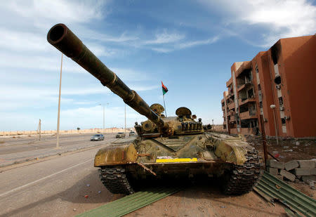 A military vehicle for Libyan forces allied with the U.N.-backed government is stationed at the eastern frontline of fighting with Islamic State militants, in Sirte's neighbourhood 650, Libya, October 21, 2016. REUTERS/Ismail Zitouny