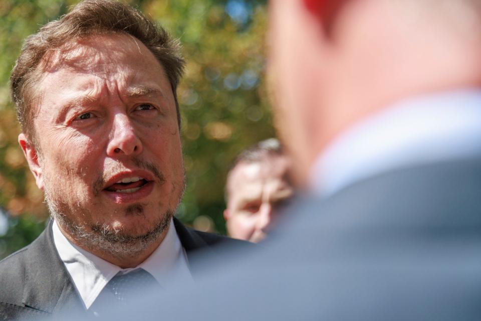 Elon Musk speaks to reporters after leaving lunch at the Russell Senate Office Building in Washington, D.C. on September 13, 2023 between public hearings with members of Congress on concerns over artificial intelligence.