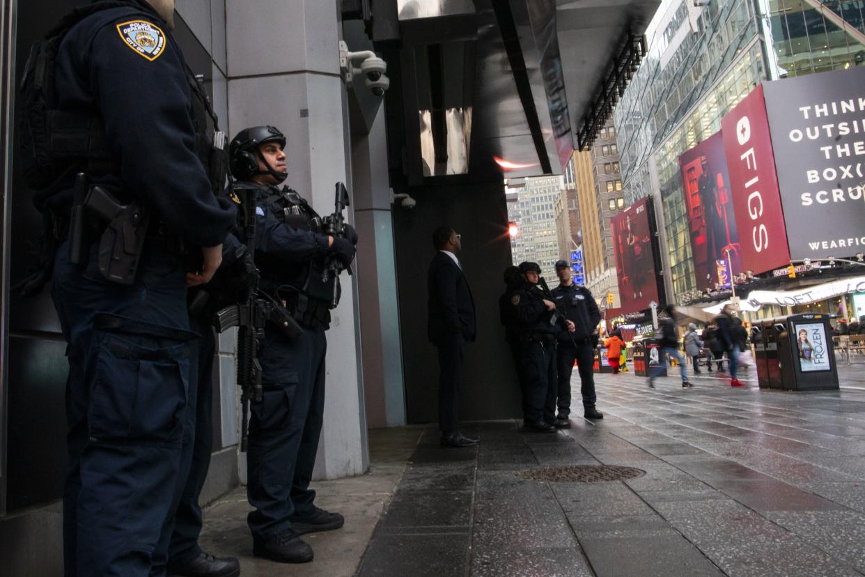 NYPD counterterrorism officers stand guard at Times Square in midtown Manhattan, New York on Jan. 3, 2020.