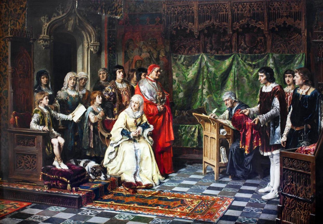 <span class="caption">'Educación del príncipe don Juan', de Martínez Cubells (el lienzo representa a la reina Isabel la Católica y al cardenal Cisneros, entre otros personajes, educando al príncipe Juan de Aragón).</span> <span class="attribution"><a class="link " href="https://commons.wikimedia.org/wiki/File:Educaci%C3%B3n_del_pr%C3%ADncipe_don_Juan_1877_Mart%C3%ADnez_Cubells.jpg" rel="nofollow noopener" target="_blank" data-ylk="slk:Museo del Prado / Wikimedia Commons;elm:context_link;itc:0;sec:content-canvas">Museo del Prado / Wikimedia Commons</a></span>