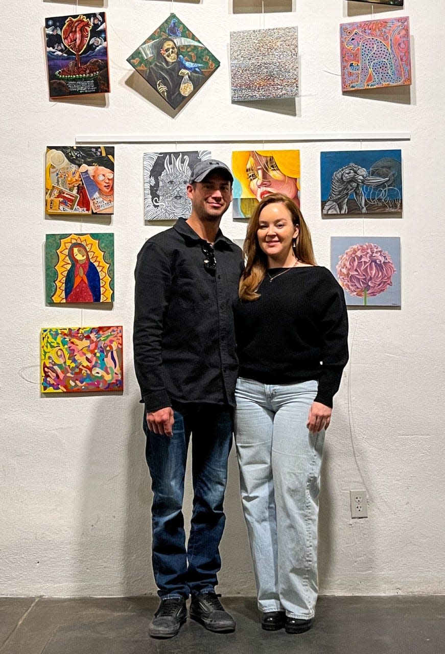 Tamara Gastelum and Gabriel Marquez on Tuesday, Jan. 17, 2023, stand by some of the art that will be for sale at their Moonlight Adobe Hall, 10180 Socorro Road in Socorro, during the “The Anything & Everything Show,” which will be Friday, Jan. 20, 2023.