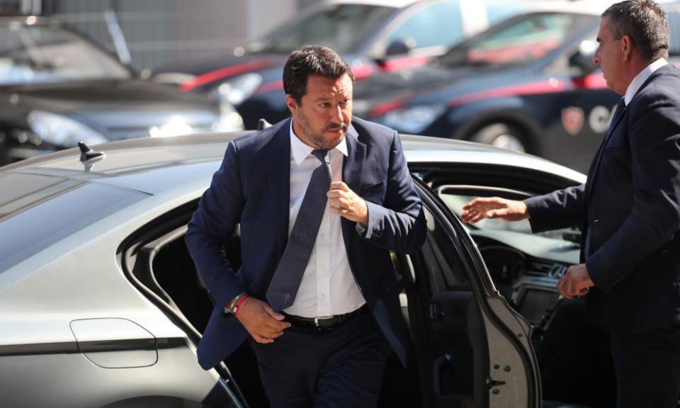 Italy’s interior minister, Matteo Salvini, arriving for the state funeral of some of the victims.