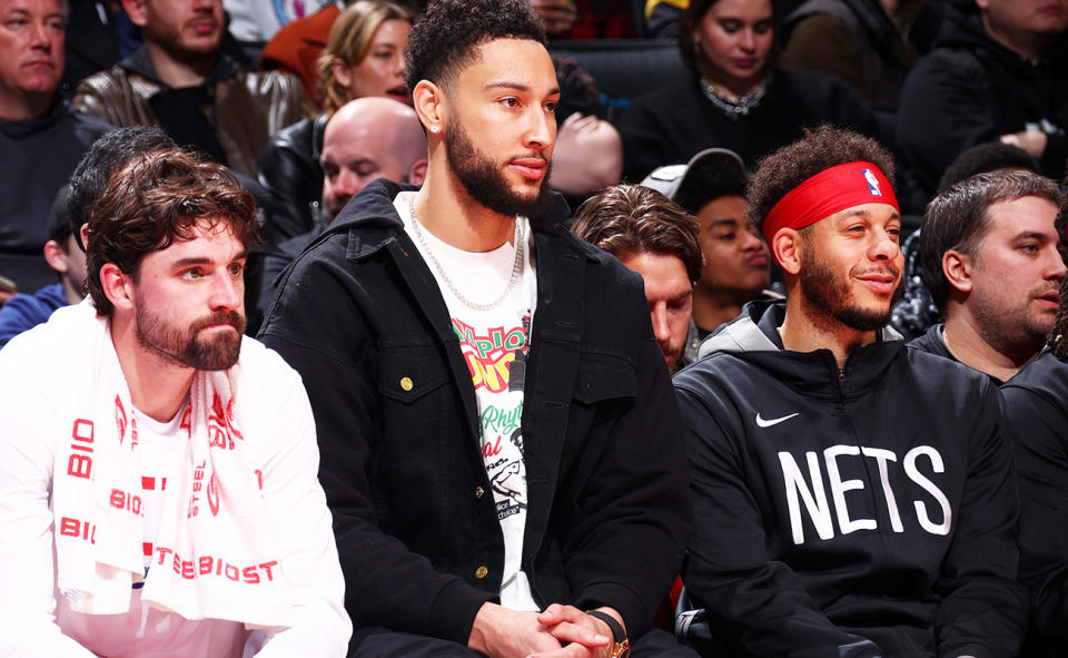 Ben Simmons, pictured here watching on from the bench during a Brooklyn Nets game.