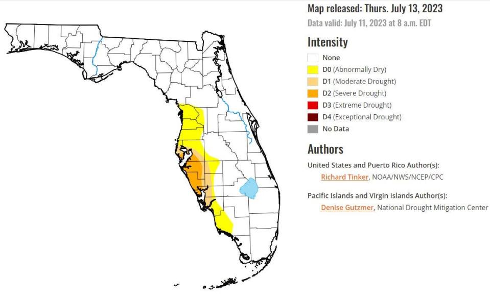 U.S. Drought Monitor map for the week of July 11, 2023 shows an unusual severe drought and abnormally dry conditions along the west coast of Florida during the rainy season.