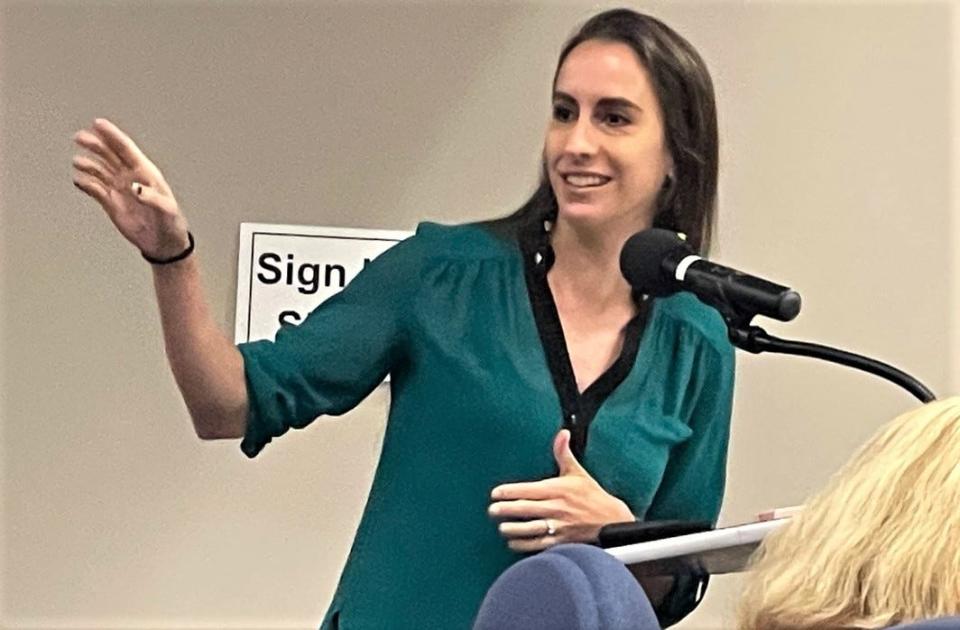Spartanburg County Council on Monday heard a presentation from Wofford professors who are engaged in a study of the Una, Saxon and Arcadia neighborhoods. Pictured is Jennifer Bradham, assistant professor of environmental studies at Wofford.