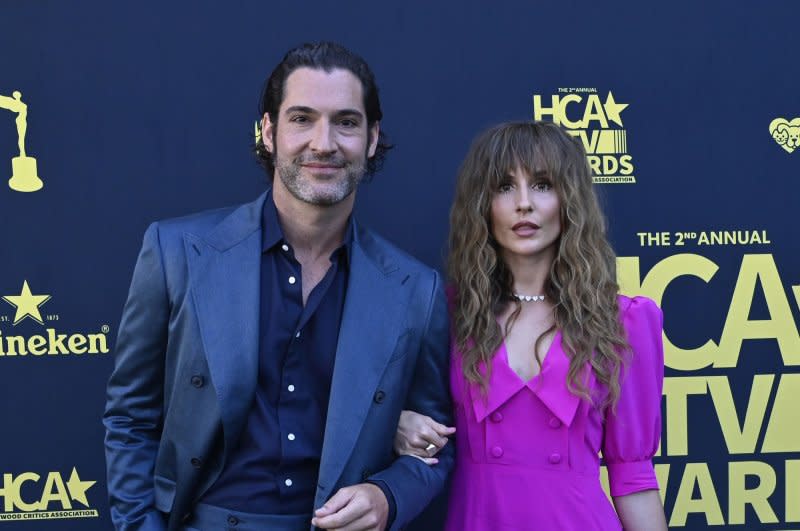 Tom Ellis (L) and Meaghan Oppenheimer attend the HCA TV Awards: Streaming in 2022. File Photo by Jim Ruymen/UPI