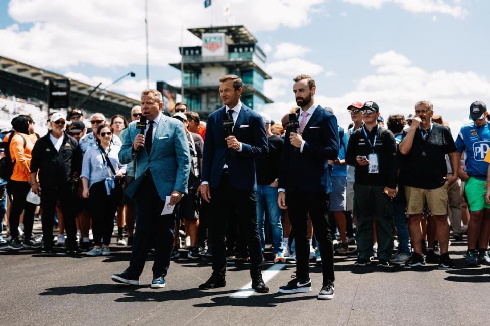 Leigh Diffey (left), longtime lead commentator for NBC's IndyCar coverage, called his final IndyCar race of the season and will transition to the network's NASCAR Cup Series coverage beginning with the Aug. 24 race at Daytona International Speedway.