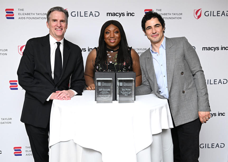 Honorees Jeff Gennette (L) and Zac Posen (R) pose with L Morgan Lee at the Elizabeth Taylor AIDS Foundation New York Dinner at The Modern on April 20, 2023 in New York City.