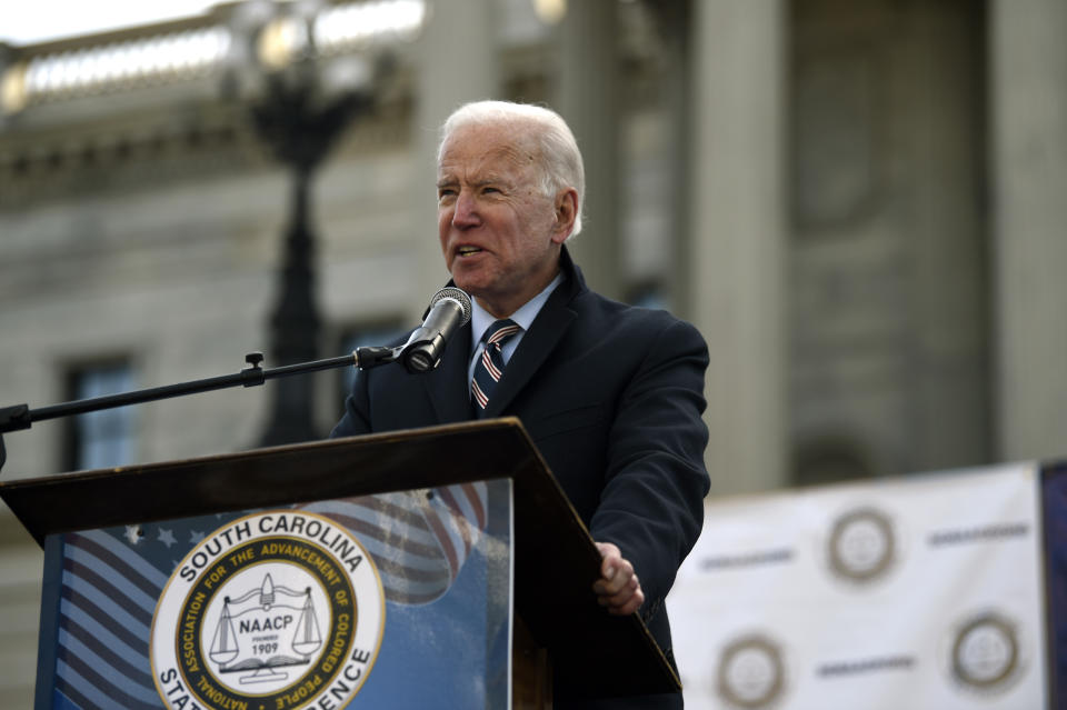 Former Vice President Joe Biden speaks at a Dr. Martin Luther King Jr. Day rally Monday, Jan. 20, 2020, in Columbia, S.C. (AP Photo/Meg Kinnard)