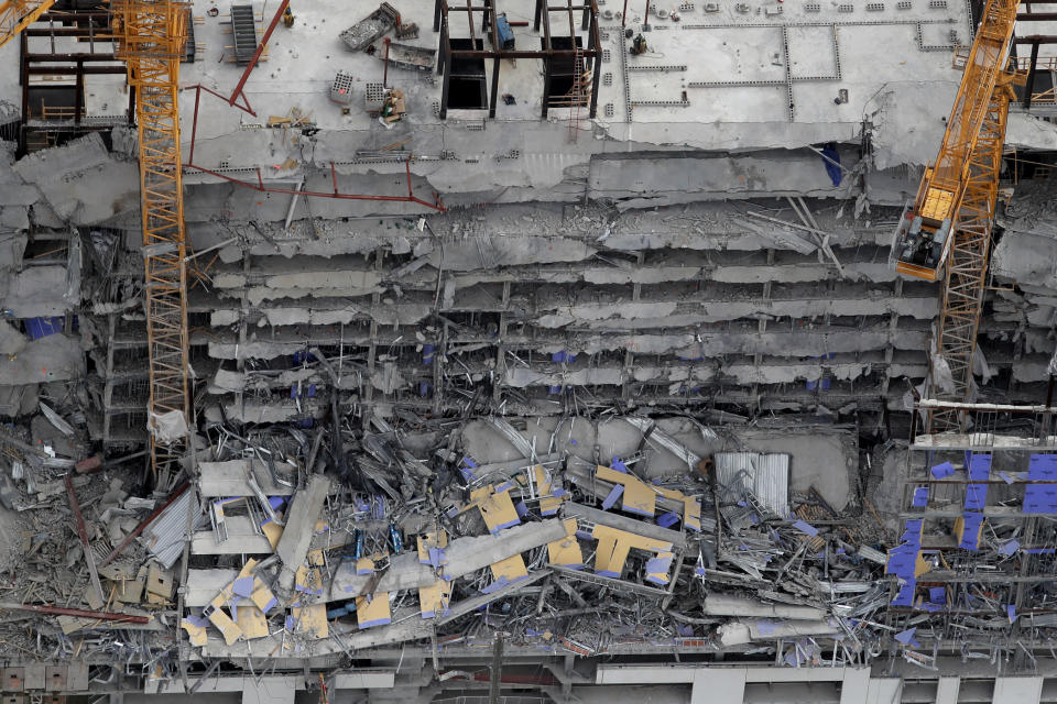 This aerial photo shows the Hard Rock Hotel, which was under construction, after a fatal partial collapse in New Orleans, Saturday, Oct. 12, 2019. (AP Photo/Gerald Herbert)