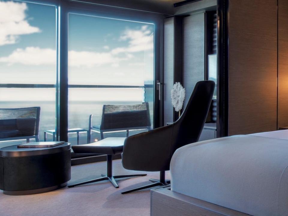 A room aboard the Ritz-Carlton Yacht Collection's Evrima