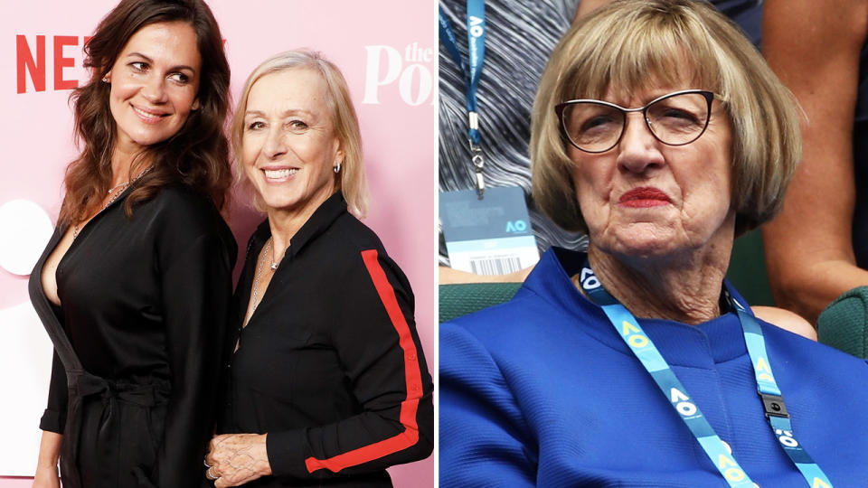 Julia Lemigova and Martina Navratilova, and Margaret Court, pictured here at the 2017 Australian Open. Image: Getty