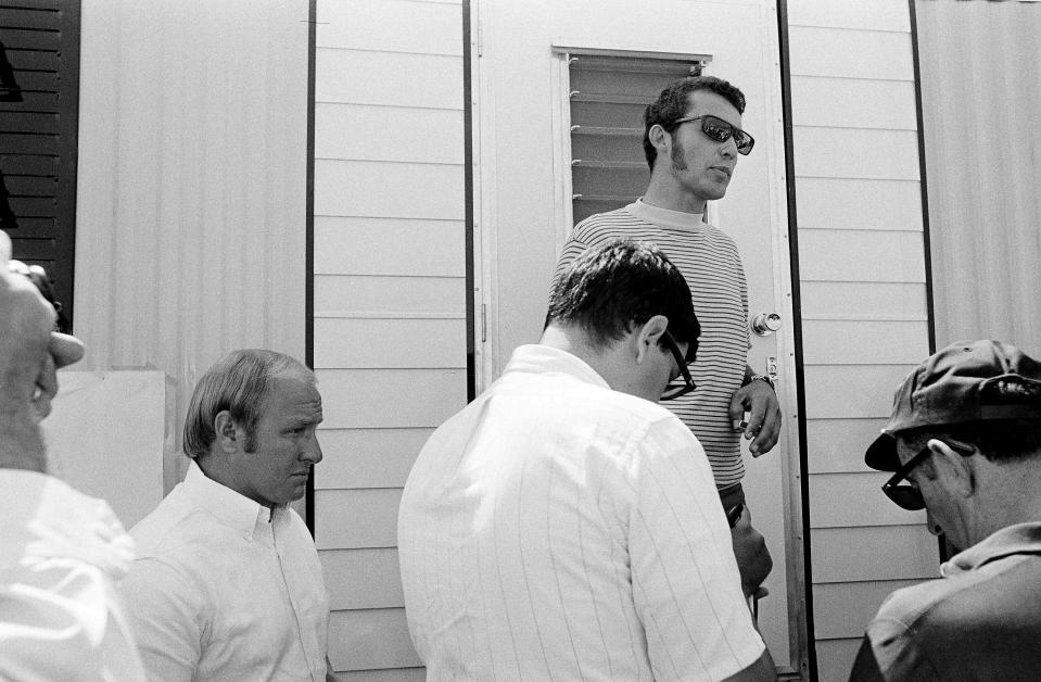 Stock car driver Richard Petty, president of the Professional Drivers' Association, tells newsmen at Talladega's Alabama International Raceway that members of his organization won't race in the initial race at the new track, Sept. 13, 1969. Petty's announcement was made after a lengthy closed-door conference with NASCAR President Bill France. The drivers said the tires and track were not safe at high speeds. (AP Photo/Jim Kerlin)