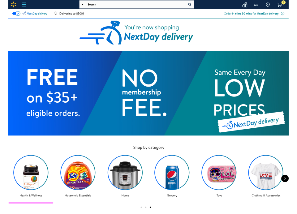 The homepage of Walmart's NextDay delivery service.