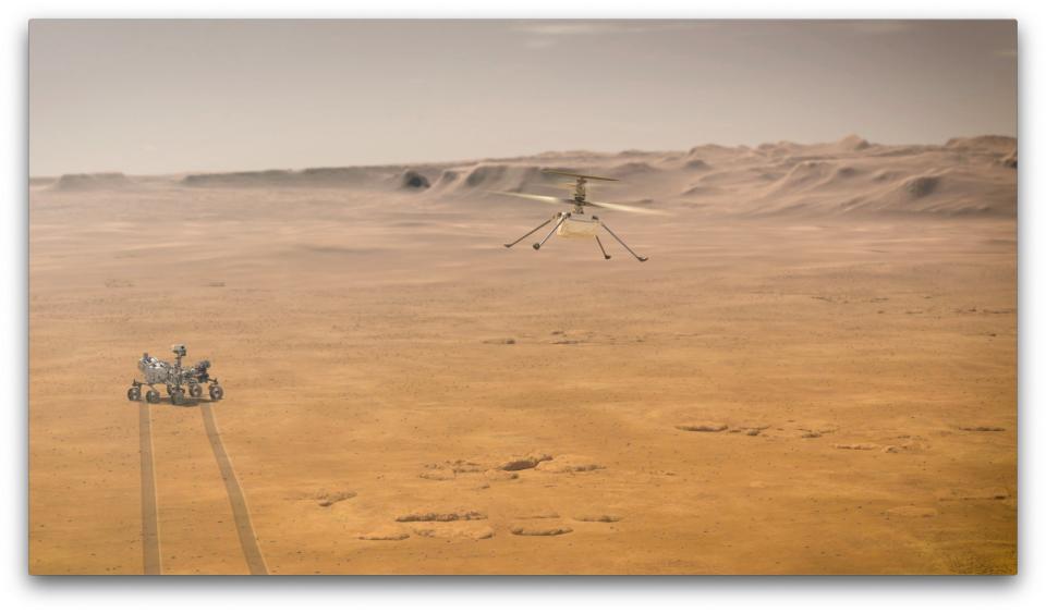 Artist's impression issued by Nasa of their Mars 2020 Perseverance rover and Ingenuity Mars Helicopter (PA)