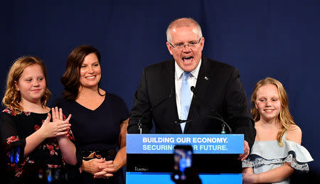 Australia's Prime Minister Scott Morrison with wife Jenny, children Abbey and Lily after winning the 2019 Federal Election, at the Federal Liberal Reception at the Sofitel-Wentworth hotel in Sydney, Australia, May 18, 2019. AAP Image/Dean Lewins/via REUTERS