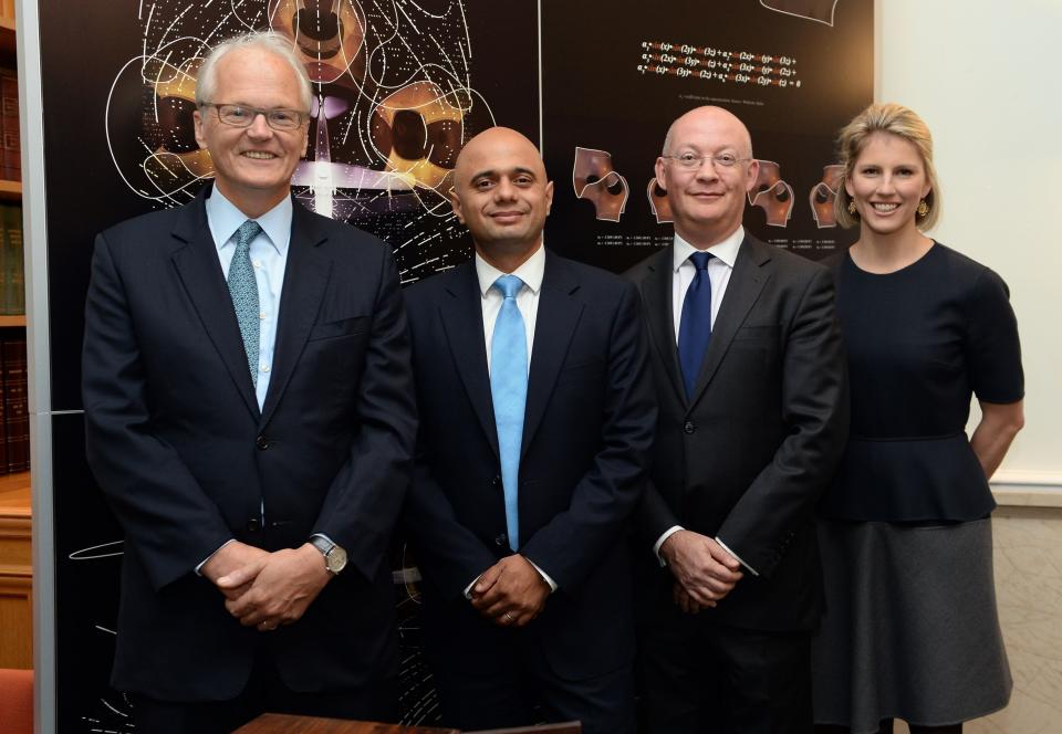 (left to right) David Harding, Culture Secretary Sajid Javid, Director of the Science Museum Ian Blatchford and Claudia Harding at the Science Museum in central London after the announcement that the David and Claudia Harding Foundation is donating &pound;5 million to the new Mathematics Gallery at the museum.