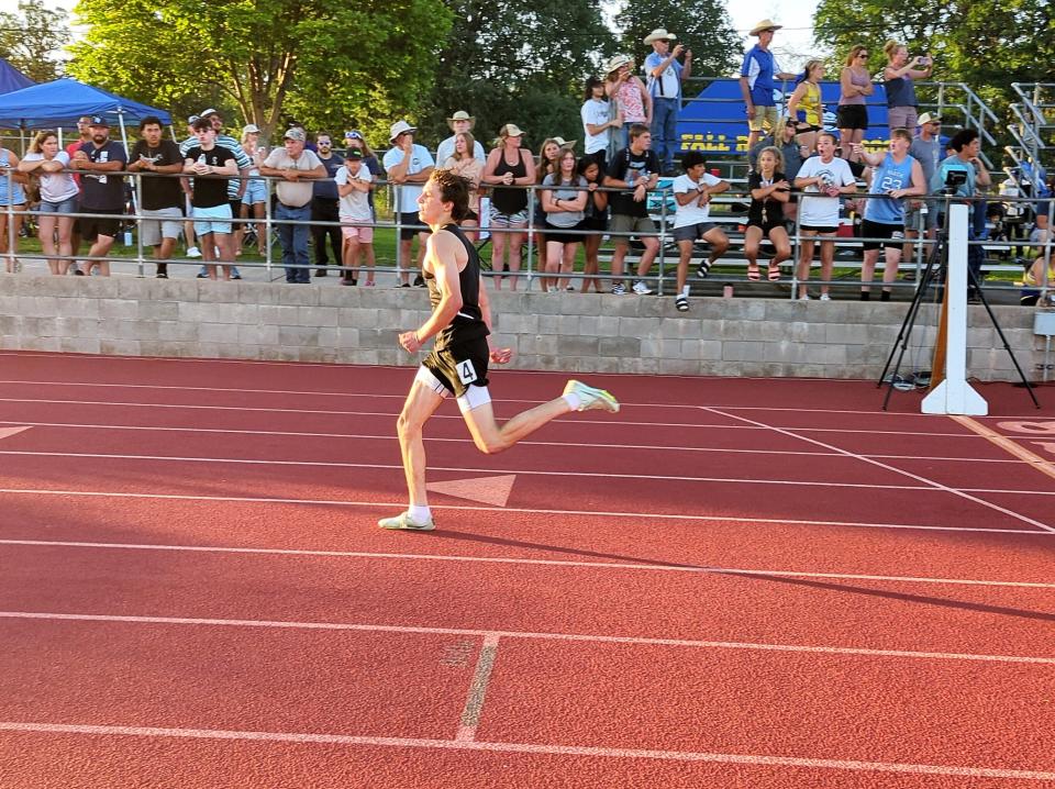 Foothill senior hurdler Caden Rowe wins the 300-meter hurdles in 39.66 seconds at the CIF Northern Section Track and Field Championships at West Valley High School on Friday, May 19, 2023.