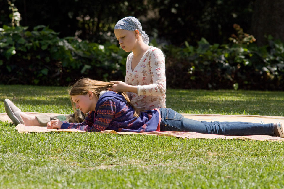 two girls sitting in a park