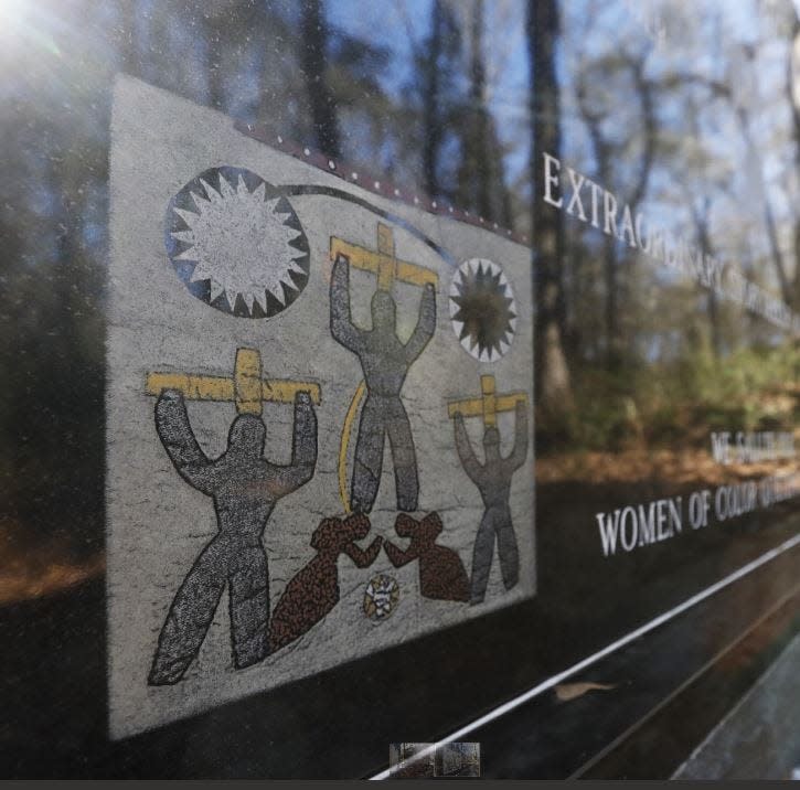 A panel from a quilt pattern made by Harriet Powers was duplicated on the grave memorial.