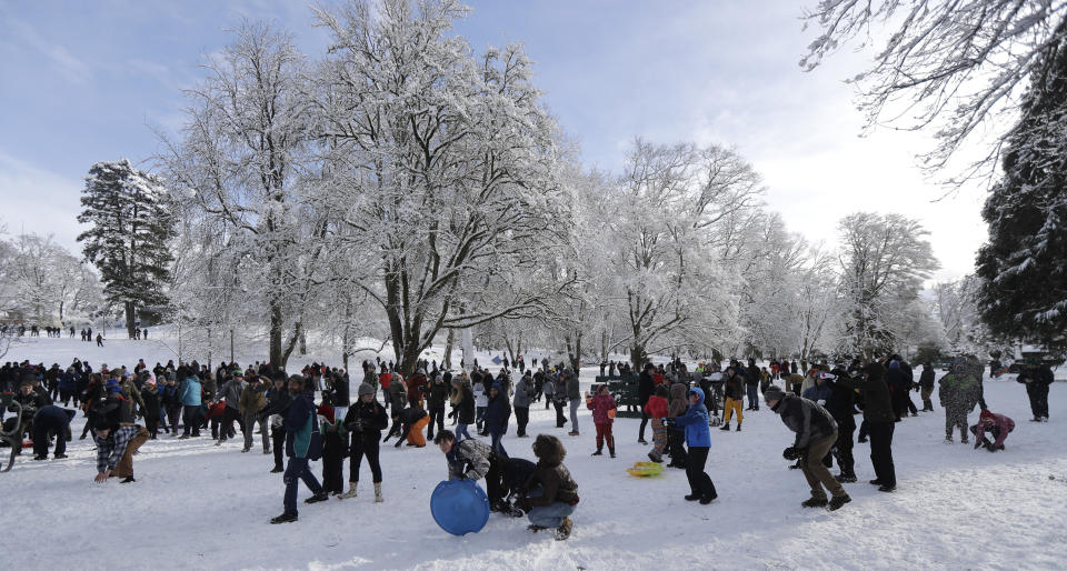 Several hundred people take part in a public snowball fight, Saturday, Feb. 9, 2019, at Wright Park in Tacoma, Wash. Word of the friendly battle spread on social media Friday night and Saturday, as a winter storm that blanketed Washington state with snow moved south into Oregon and meteorologists warned that yet more winter weather was on the way. (AP Photo/Ted S. Warren)