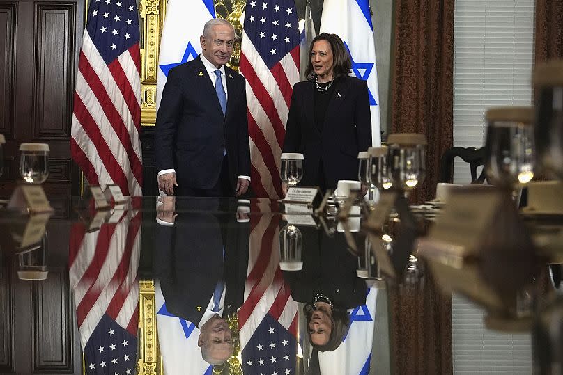 La vicepresidenta Kamala Harris y el primer ministro israelí Benjamin Netanyahu comparecen antes de una reunión en la Casa Blanca, el 25 de julio de 2024.