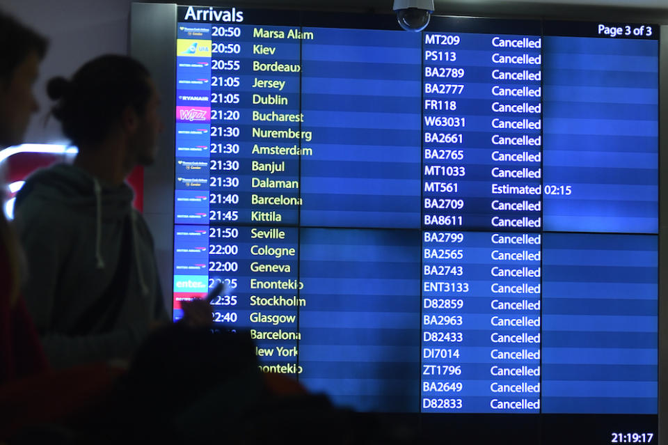 The Arrivals Board at Gatwick Airport during the disruption (Picture: PA)