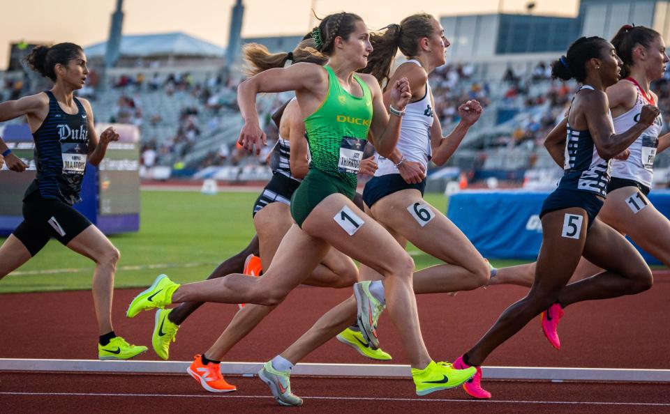 Oregon’s Izzy Thornton-Bott runs in the 1500 meter semifinals at the 2023 NCAA outdoor track and field championships, June 8, 2023 at Mike A. Myers Stadium in Austin, Texas.