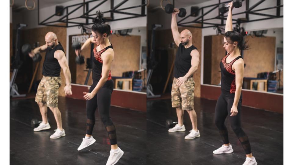 Man and woman demonstrate different positions of the dumbbell snatch exercise