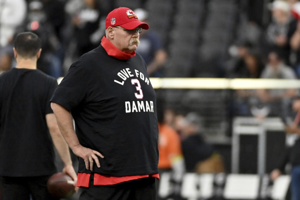 Kansas City Chiefs head coach Andy Reid wears a shirt paying tribute to Buffalo Bills safety Damar Hamlin before the start of an NFL football game against the Las Vegas Raiders Saturday, Jan. 7, 2023, in Las Vegas. (AP Photo/David Becker)