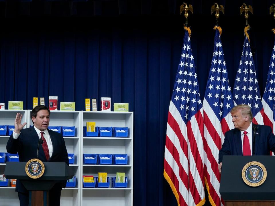 Florida Governor Ron DeSantis speaks before then-President Donald Trump signs executive orders on prescription drug prices in the South Court Auditorium at the White House on July 24, 2020 in Washington, DC. Trump signed a series of four executive orders aimed at lowering prices that for prescription drugs in the United States.