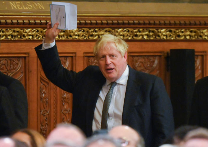 Former British Prime Minister Boris Johnson gestures during a state visit of South African President Cyril Ramaphosa at the Houses of Parliament, in London, Britain, November 22, 2022. REUTERS/Toby Melville/Pool