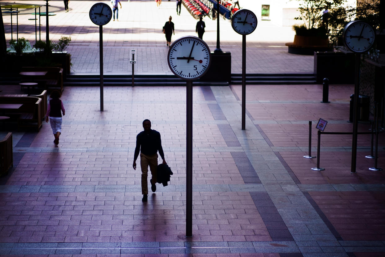 A plaza in Canary Wharf in east London. Business confidence was at its lowest since the third lockdown