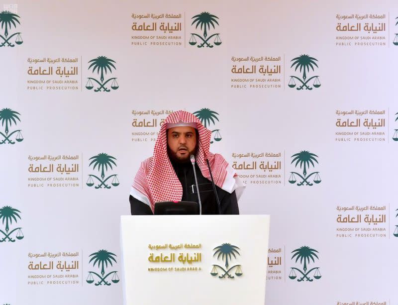 Saudi Deputy Public Prosecutor and spokesman Shalaan al-Shalaan delivers a speech in Riyadh