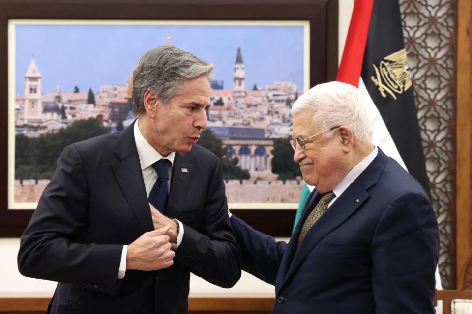 Palestinian President Mahmud Abbas welcomes U.S. Secretary of State Antony Blinken in Ramallah in the occupied West Bank, on January 31, 2023.<span class="copyright">Ronaldo Schemidt—AFP/Getty Images</span>