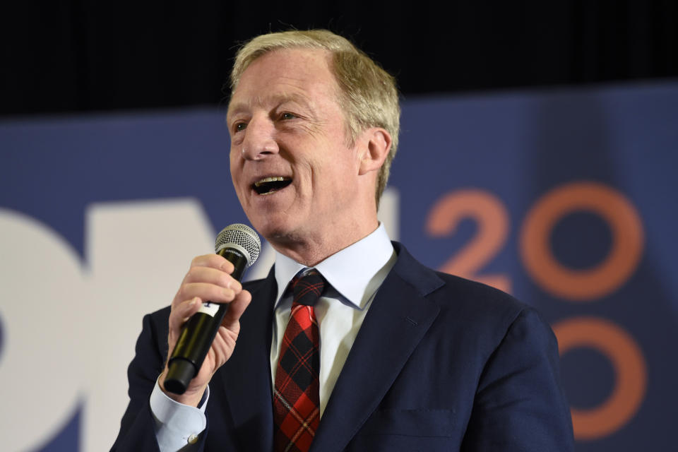 Democratic presidential candidate Tom Steyer speaks at a breakfast campaign event on Monday, Feb. 24, 2020, in Hilton Head Island, S.C. (AP Photo/Meg Kinnard)