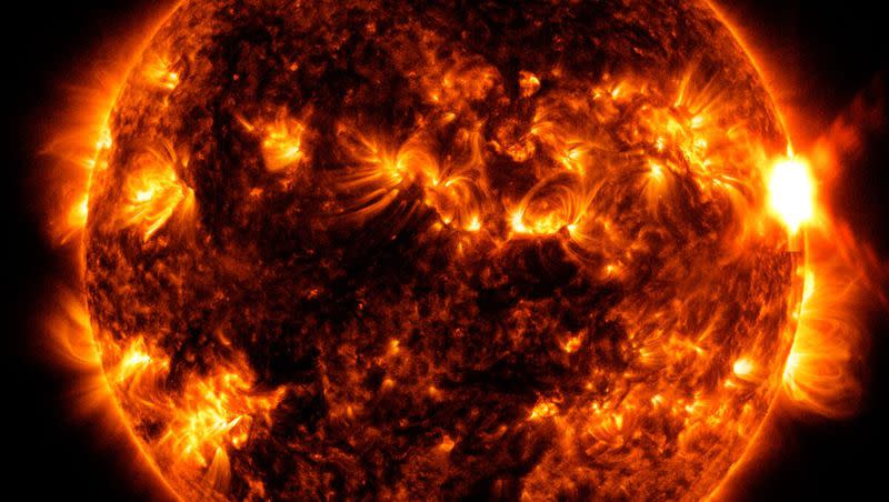 NASA’s Solar Dynamics Observatory captured this image of a solar flare — as seen in the bright flash on the right — on Aug. 5. 2023.
