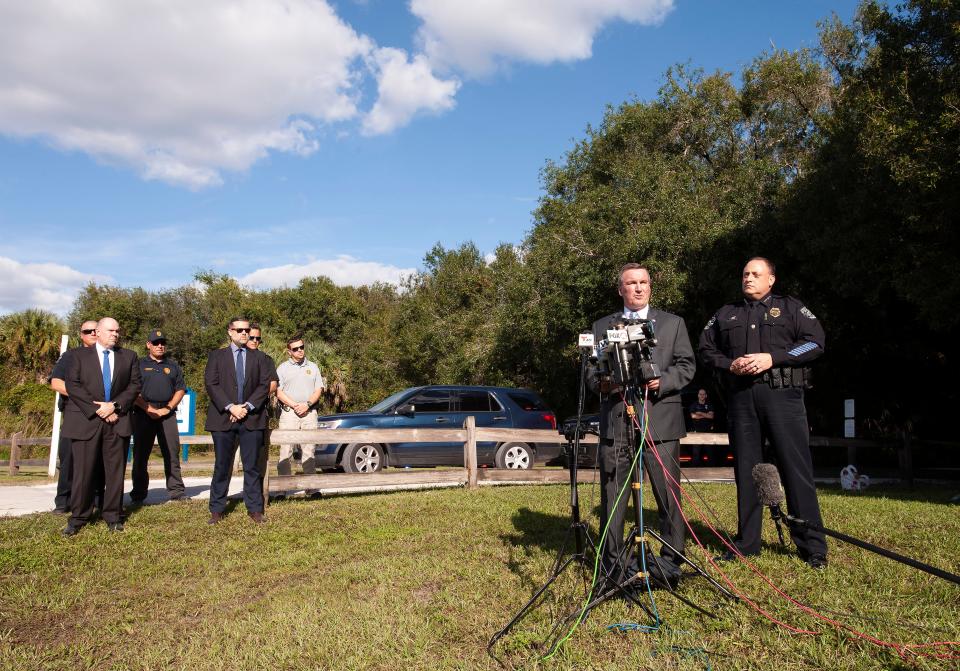 Special Agent in Charge Michael McPherson of the FBI Tampa office announces that human remains and personal items belonging to Brian Laundrie have been found at the Myakkahatchee Creek Environmental Park on 20 October 2021 in North Port, Florida (Getty Images)
