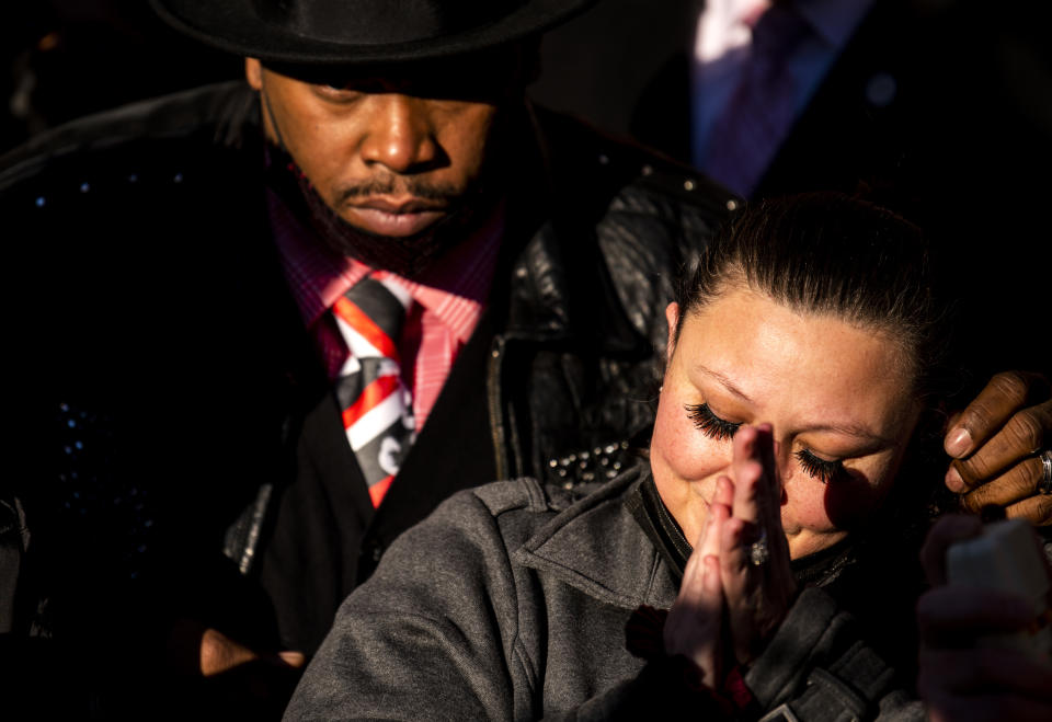 Aubrey Wright (L) and Katie Wright (R), parents of Daunte Wright, join friends and family outside the Hennepin County Courthouse after the verdict was read in the trial of Kim Potter on December 23, 2021 in Minneapolis, Minnesota. Former Brooklyn Center police officer Kim Potter, was found guilty on two counts of manslaughter in the April 2021 shooting death of Daunte Wright. Potter says she thought she was using her Taser when she shot Wright with her handgun. - Credit: Stephen Maturen/Getty Images