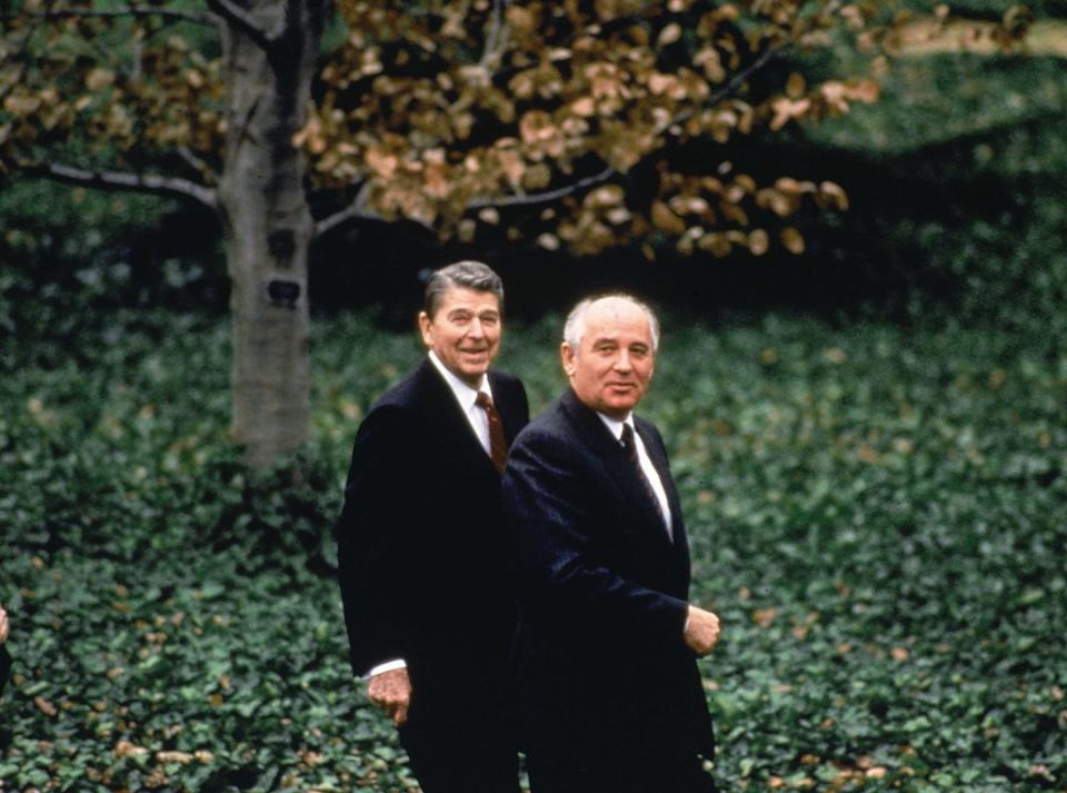 Cold War rivals who found they could ‘do business’ together. <a href="https://www.gettyimages.com/detail/news-photo/soviet-pres-mikhail-gorbachev-pres-reagan-out-for-stroll-news-photo/50438314?adppopup=true" rel="nofollow noopener" target="_blank" data-ylk="slk:Diana Walker/Getty Images;elm:context_link;itc:0;sec:content-canvas" class="link ">Diana Walker/Getty Images</a>