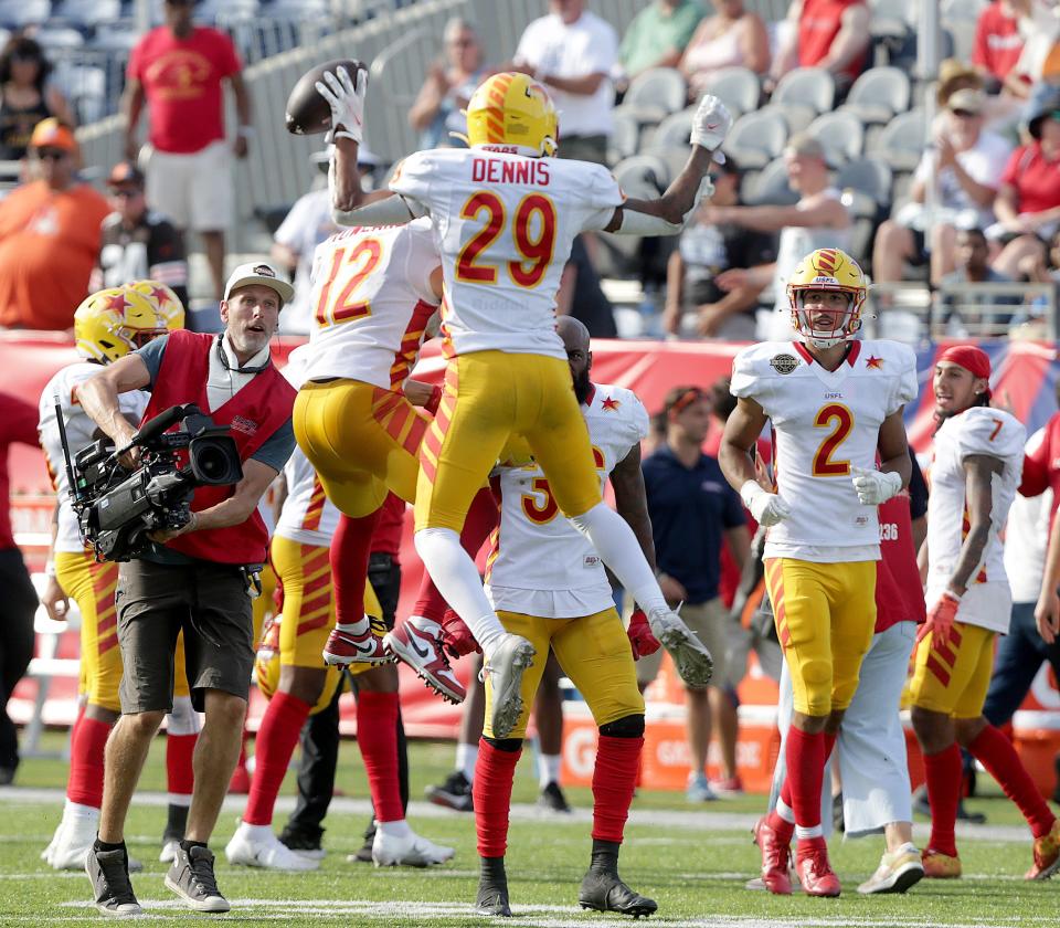 Stars cornerback Amani Dennis (29) celebrates his game-clinching interception in his team's win over the Generals in a USFL semifinal at Tom Benson Hall of Fame Stadium, Saturday, June 25, 2022.