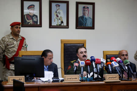 President of the State Security Court, Colonel Judge Mohammad Al Afeef, reads out the verdict at the trial of those accused of staging an attack in December 2016 on a Crusader castle in Kerak, at the court, in Amman, Jordan November 13, 2018. REUTERS/Muhammad Hamed