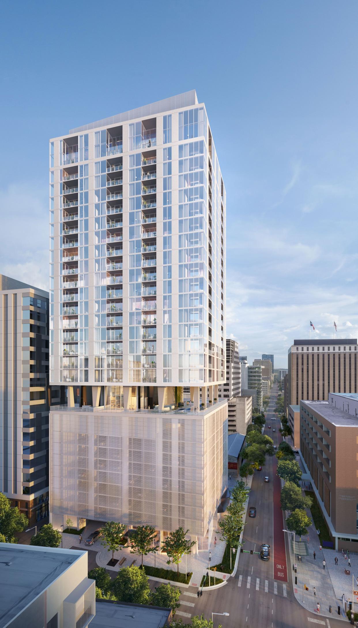 New towers to downtown Austin's skyline include Sixth and Guadalupe, which at 66 stories is the tallest high-rise to date. Other projects include Hanover Brazos Street and the Linden, shown in this rendering.