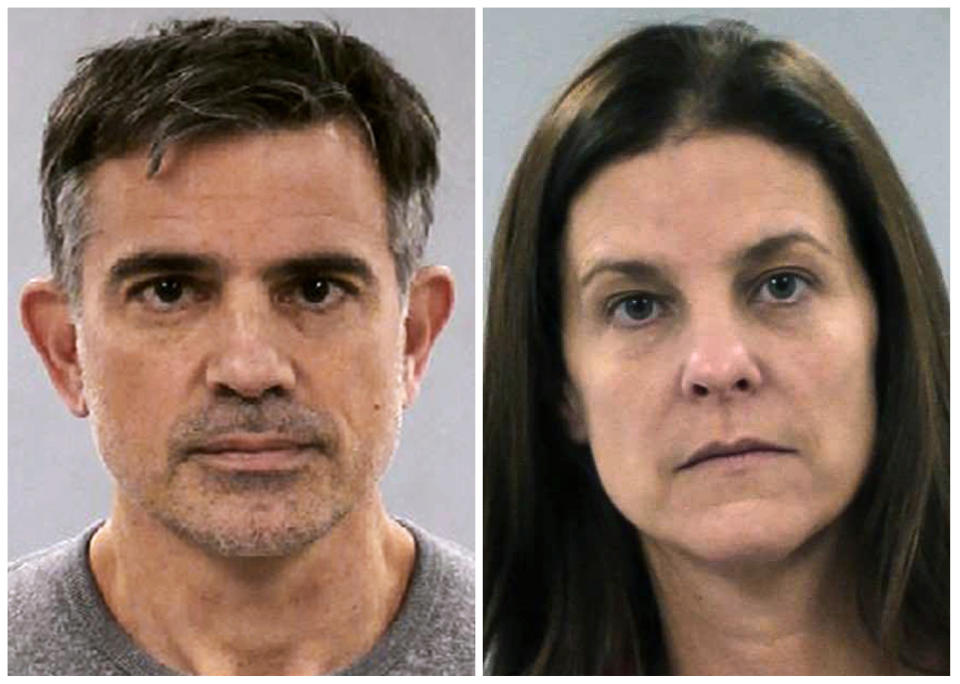 FILE - This combination of booking photos released Tuesday, Jan. 7, 2020, by the Connecticut State Police shows Fotis Dulos, left, and his girlfriend Michelle Troconis. The first criminal trial related to the 2019 killing of Connecticut mother-of-five Jennifer Dulos is set to begin this week. Michelle Troconis is scheduled to go on trial Thursday, Jan. 11, 2024 on charges of conspiracy to commit murder, evidence tampering and hindering prosecution. (Connecticut State Police via AP, File)